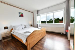 una camera da letto con un letto e una grande finestra di Apartments with parking space Rakovica, Plitvice - 20595 a Rakovica