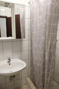 ein Bad mit einem Waschbecken und einem Duschvorhang in der Unterkunft Apartments by the sea Prigradica, Korcula - 20608 in Blato