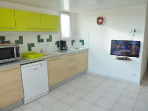 a kitchen with green cabinets and a white dishwasher at Appartement Marseillan-Plage, 4 pièces, 6 personnes - FR-1-387-164 in Marseillan