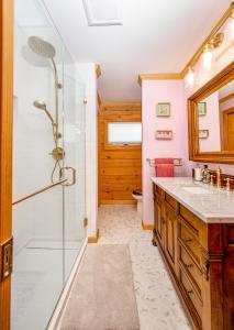 a bathroom with a shower and a sink at Beautiful Chalet, mins to Hunter/Windham slopes in Jewett