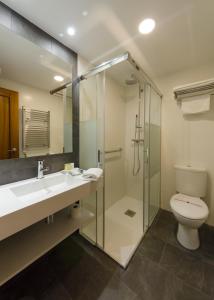 a bathroom with a toilet and a sink and a shower at Hotel Apolo in Aínsa