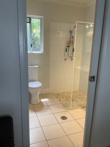 a bathroom with a toilet and a glass shower at Clearwater estate in Doonan