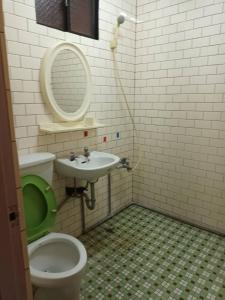 a bathroom with a toilet and a sink and a mirror at Ruishi Homestay in T'ai-ping