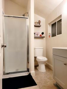 uma casa de banho com um WC e uma cabina de duche em vidro. em House Clara em Yuba City
