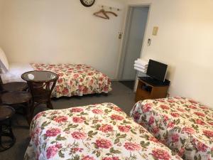 a hotel room with two beds and a tv at Shinkaifujishoen in Yamanakako