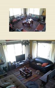 2 fotos de una sala de estar con sofá y mesa en Villa Sofia, en Fúquene