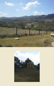 dos fotos de un campo con una valla y una casa en Villa Sofia, en Fúquene