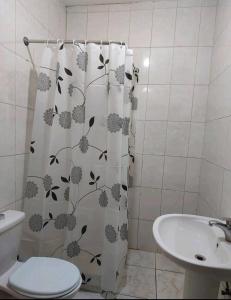 y baño con cortina de ducha, aseo y lavamanos. en Cozy Home en Amán
