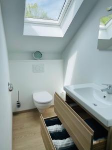 uma casa de banho com um lavatório e um WC em Cocoon em Stavelot
