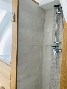 a shower with a glass door in a bathroom at Cocoon in Stavelot