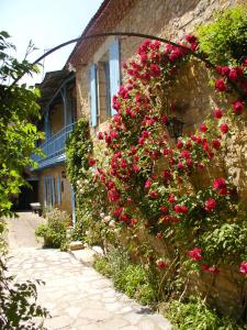 Ein paar rosa Blumen auf der Seite eines Gebäudes in der Unterkunft Le Chambellan in Coux-et-Bigaroque