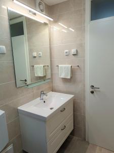 a bathroom with a white sink and a mirror at Kranjska gora balcony apartment in Kranjska Gora