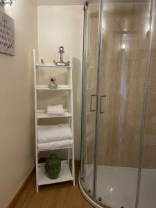 a bathroom with a shower and a shelf with towels at Little Buttercup Cottage in Brackley