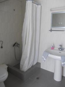 y baño con cortina de ducha y lavamanos. en Astra Hotel Apartments en Kato Daratso