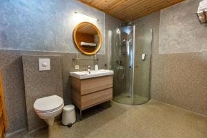 a bathroom with a toilet and a shower and a sink at Lighthouse-Inn in Gardur