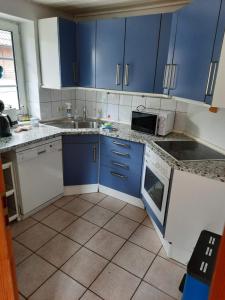 Una cocina con gabinetes azules y un fregadero. en Haus am Scharpenmoor, en Norderstedt