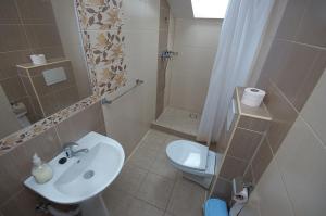 La salle de bains est pourvue d'un lavabo, de toilettes et d'une douche. dans l'établissement Sziklakert Fogadó, à Sâncrai
