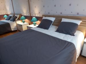 - une chambre avec 2 lits dotés d'oreillers bleus et blancs dans l'établissement COSYMEDOC, à Le Pian-Médoc