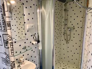 ein Bad mit einer Dusche und einem Waschbecken in der Unterkunft Sleep & Go Single Room in Prag