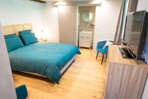 a bedroom with a blue bed and a television at Les Chemins de Berdis in Montfort-en-Chalosse