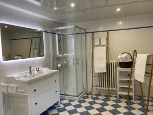 un baño con lavabo y ducha en La Belle Demeure proche Sarlat, en Saint-Cybranet 48 fotos más