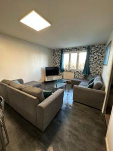 a living room with two couches and a television at Appartement meublé proche du futuroscope in Poitiers