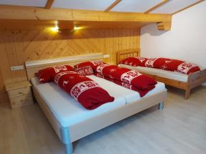 two beds in a room with red pillows on them at Appartement Harmonie & Balance in Leogang +50 photos