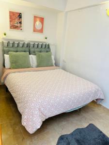 - une chambre avec un grand lit et des oreillers verts dans l'établissement Apartamento Mar y Montaña, à Cullera