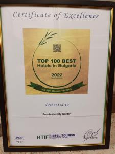 a framed picture of the top best hotels in bulgaria at Residence City Garden - Certificate of Excellence 3rd place in Top 10 BEST Five-Stars City Hotels for 2023 awarded by HTIF in Plovdiv