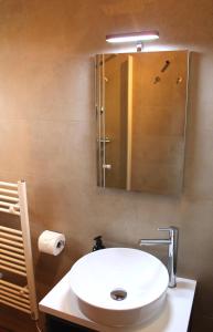 a bathroom with a white sink and a mirror at Das Paradieschen in Edlitz