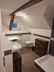 a bathroom with a sink and a toilet at Ferienwohnung Amo in Wangen im Allgäu