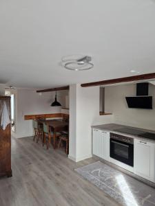 a kitchen and dining room with a dining table at Ferienwohnung Amo in Wangen im Allgäu +18 photos