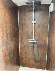 a shower in a bathroom with a wooden wall at 22 Stunning Large Loft - Great Location - Free Onsite Parking - Garden View- Quiet - Sleeps 3 in Brighton & Hove