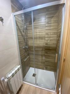 um chuveiro com uma porta de vidro na casa de banho em El Capricho em Siero