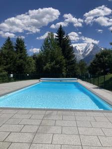 a large swimming pool with mountains in the background at Le cocon du Bettex 1400 - Cozy Apt near Mont Blanc in Saint-Gervais-les-Bains