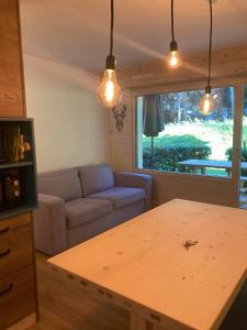 salon z kanapą i stołem w obiekcie Le cocon du Bettex 1400 - Cozy Apt near Mont Blanc w mieście Saint-Gervais-les-Bains