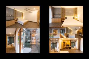 a collage of four pictures of a kitchen and a living room at Moon Sun Boutique Villa Hotel in Hue