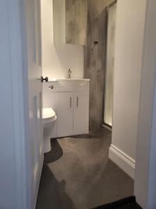 a bathroom with a white sink and a toilet at 9 Modern Classic - Spacious One Bed Apartment - Great Location - Free onsite Parking - Comfy Bed in Brighton & Hove