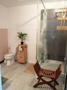 a bathroom with a toilet and a shower with a chair at Hotel la coursive in La Cotinière