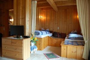 a bedroom with two beds and a desk and a television at Ferienwohnungen Haus Reineck in Bayerisch Eisenstein