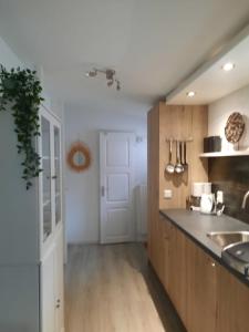 a kitchen with wooden cabinets and a counter top at Gezellig ingerichte blokhut op een rustig park! in Putten