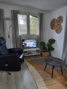a living room with a couch and a tv and a table at Gezellig ingerichte blokhut op een rustig park! in Putten