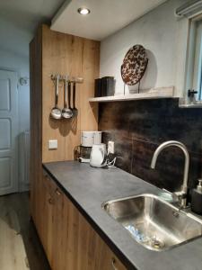 a kitchen with a sink and a counter top at Gezellig ingerichte blokhut op een rustig park! in Putten