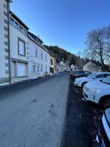 a street with cars parked on the side of the road at La Féessence boisée Le Mont Dore in Le Mont-Dore