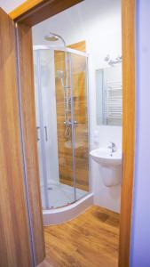 a bathroom with a shower and a sink at Szafranowy Dwór in Strawczyn