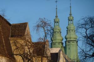 two towers of a building with trees in the foreground at Vorderer Westen Kassel in Kassel