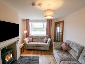 a living room with a couch and a tv at 3 Wilson Cottages in Ganton