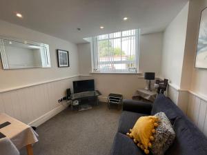 a living room with a blue couch and a television at SUPER Duplex Central City Apt FREE PRIVATE parking in Plymouth