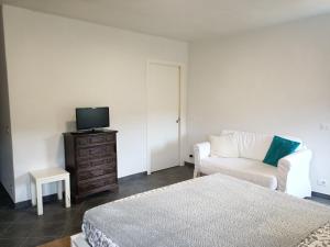 1 dormitorio con cama, sofá y TV en B&B Sant'Anna, en Cairo Montenotte