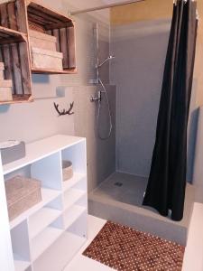 een badkamer met een douche met een zwart douchegordijn bij Appartement Baju in Bad Urach